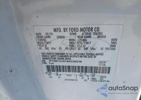 2010 Ford F-150 Stx/Xl/Xlt из США, поврежденный, VIN 1FTMF1CW1AKC00316